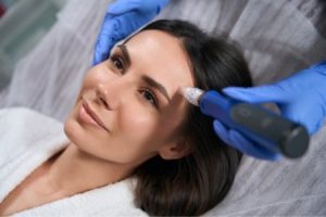 جراح پلاستیک که یک دستگاه میکرونیدلینگ را روی صورت یک بیمار خندان نگه داشته است